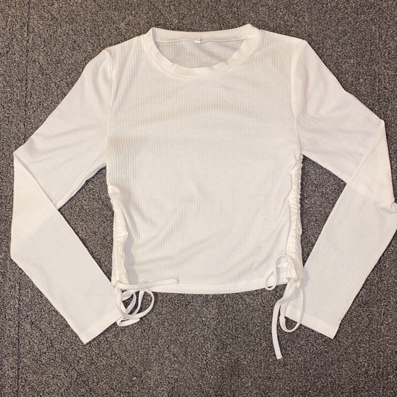 SHEIN Solid Drawstring Ruched Side Ribbed White Tee - Picture 6 of 9